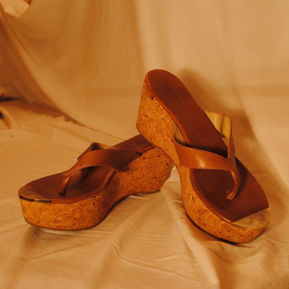 JIMMY CHOO WOMENS SZ 9 1/2 BROWN PLATFORM CORK SANDLE WEDGES